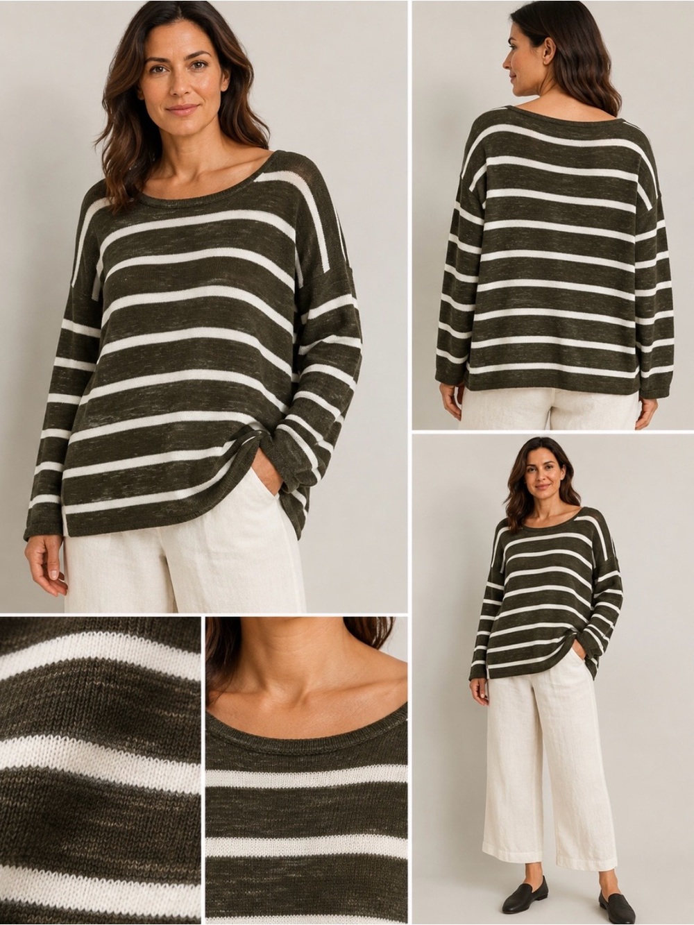 Eileen Fisher XXS Org Linen Cotton Olive Ivory Brown Stripe Oversized Sweater
